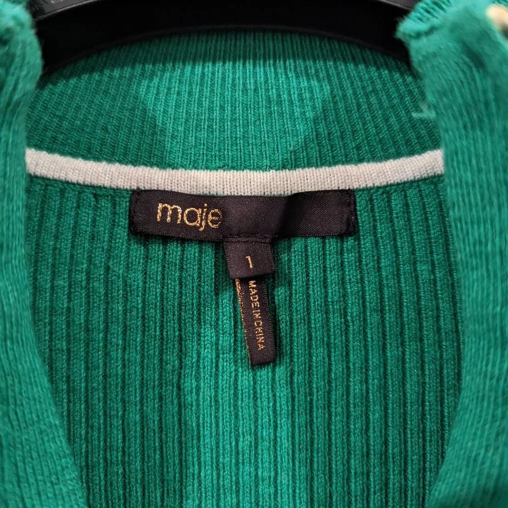 Maje | Emerald Green Ribbed Knit Sweater with Trucker Collar - XS
